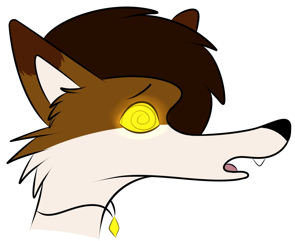 Wolf character with swirly yellow eyes