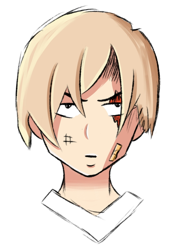 Blonde guy with a red marking over his eye image