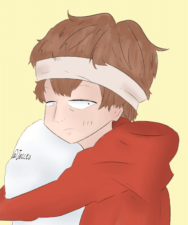 Drawing of unamused white boy with brown hair, a head band and red hoodie